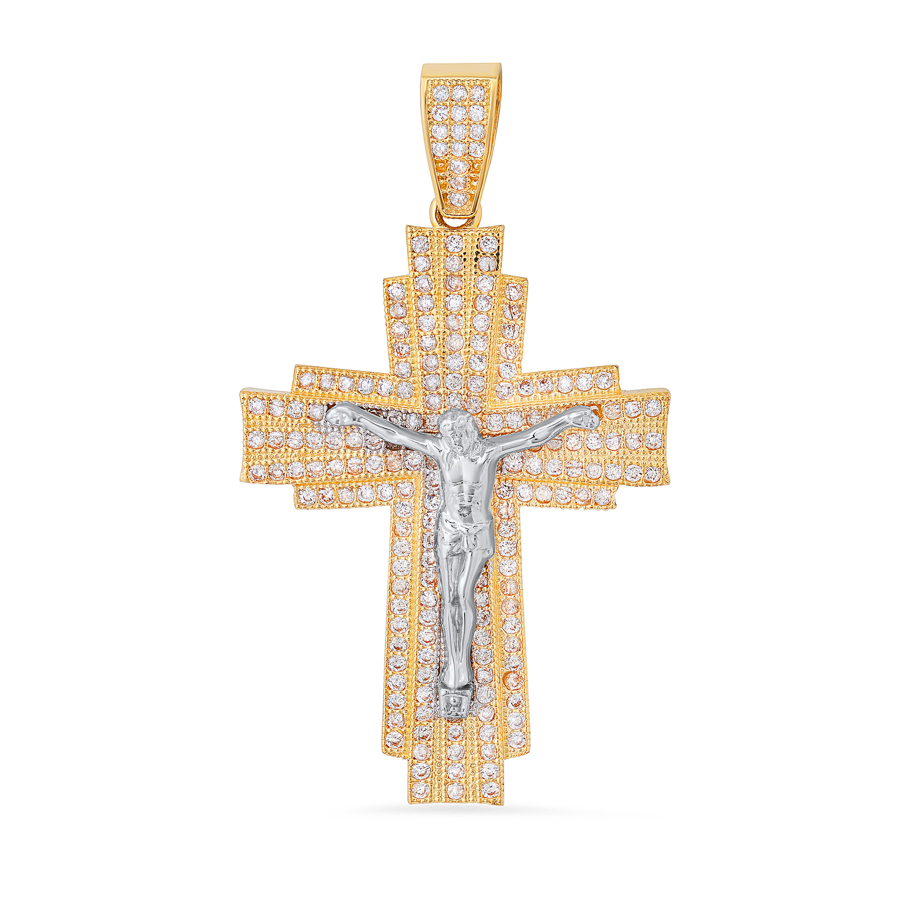 14k Yellow Gold Cz Cross Pendant with White Gold Christ 31mm wide by 55mm High 14k Yellow Gold Cz Cross Pendant with White Gold Christ 31mm wide by 55mm High