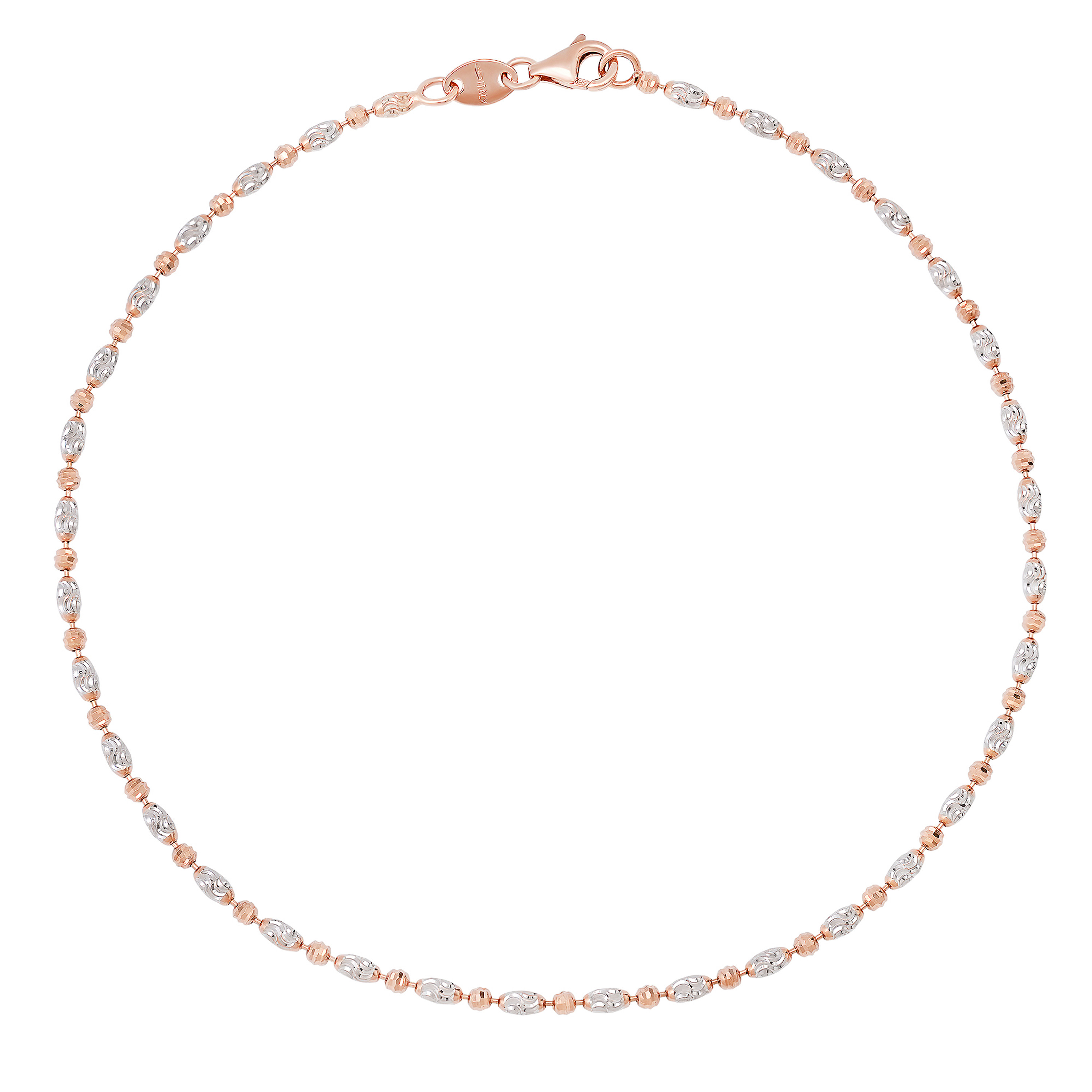 14k Rose and White Gold 2.0mm Typhoon Moon Cut Bead Anklet 10 Inches 14k Rose and White Gold 2.0mm Typhoon Moon Cut Bead Anklet 10 Inches