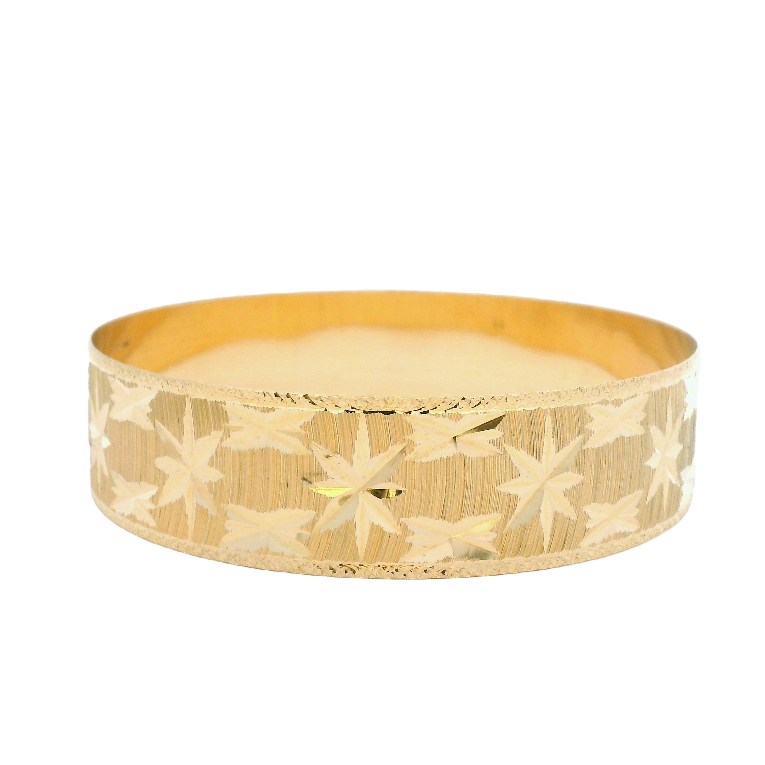 14k Gold 18mm Wide Star Pattern Slip-on Solid Star Pattern Bangle 8.5" 14k Gold 18mm Wide Star Pattern Slip-on Solid Star Pattern Bangle 8.5"