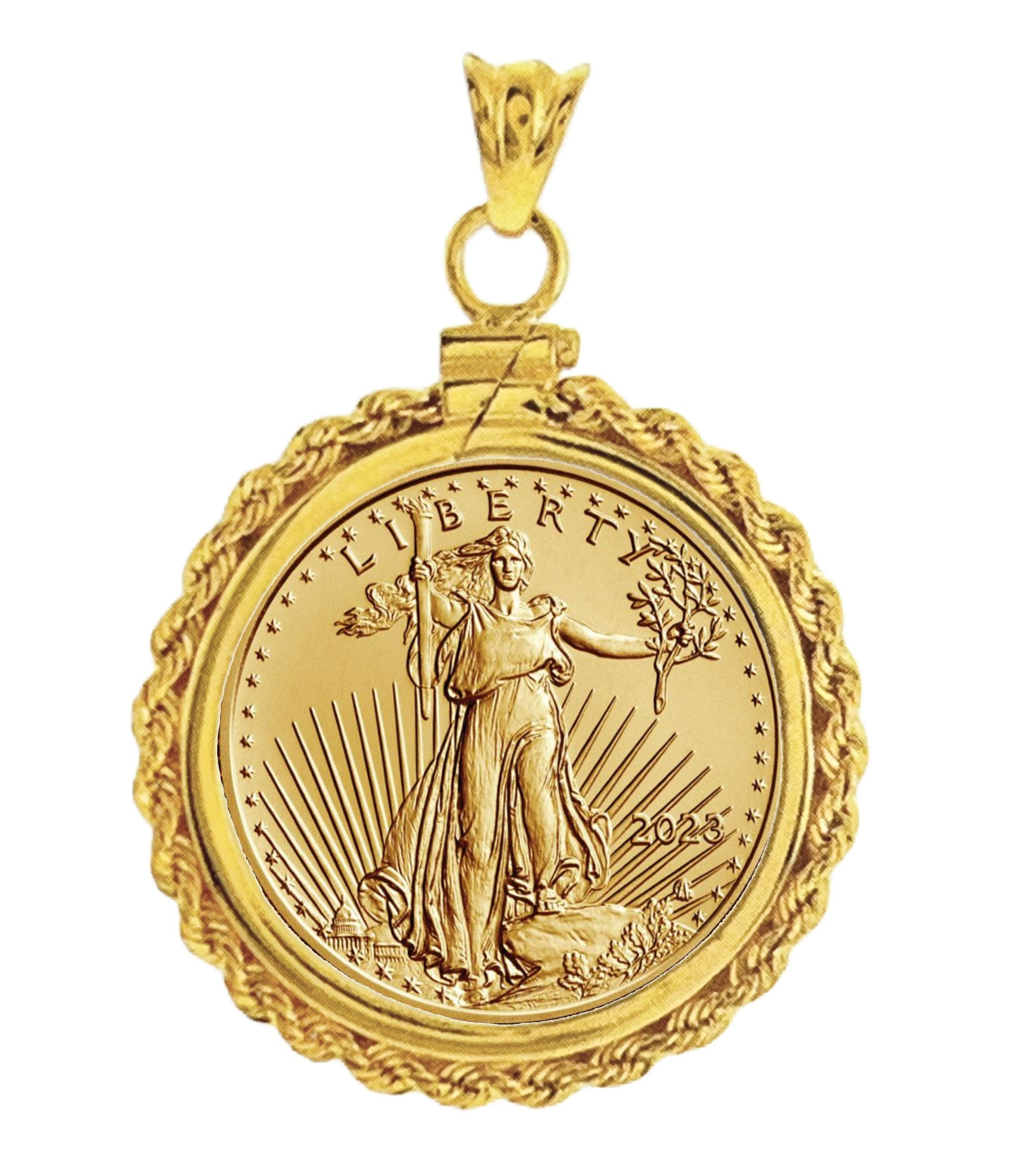 1/10 Oz 2025 American Eagle Gold Coin Encased in 14k Gold Screw Top Rope Pendant 1/10 Oz 2025 American Eagle Gold Coin Encased in 14k Gold Screw Top Rope Pendant