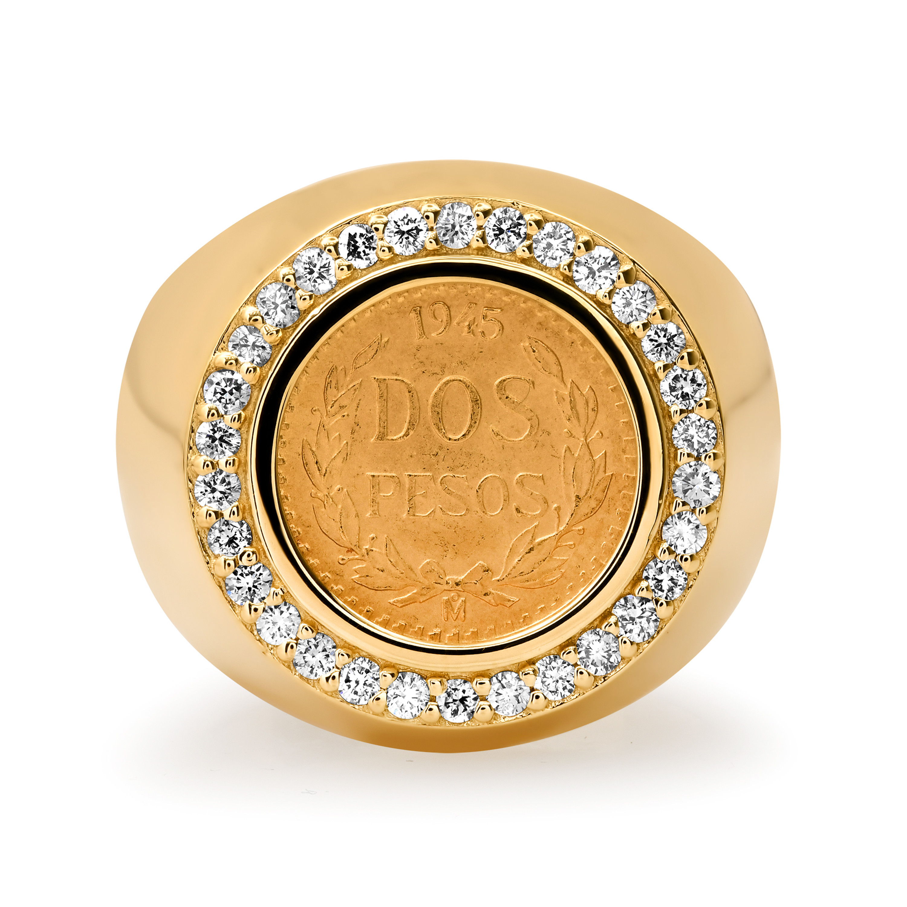 14k Yellow Gold .50 CT Diamond 2 Peso Coin Ring 20.0mm 14k Yellow Gold .50 CT Diamond 2 Peso Coin Ring 20.0mm