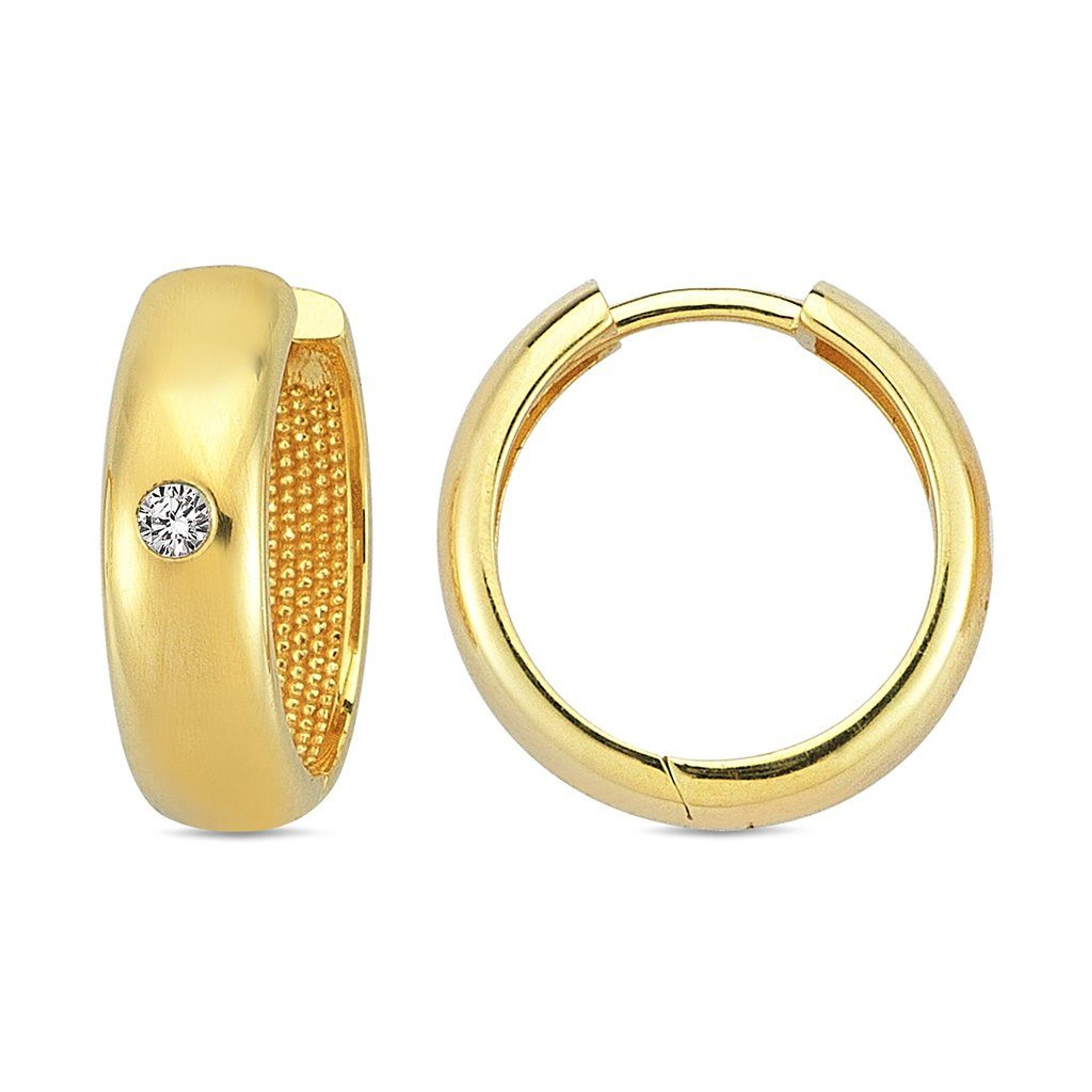 14k Yellow Gold 4mm Single Cubic Zirconia Huggies Earring 15mm 14k Yellow Gold 4mm Single Cubic Zirconia Huggies Earring 15mm