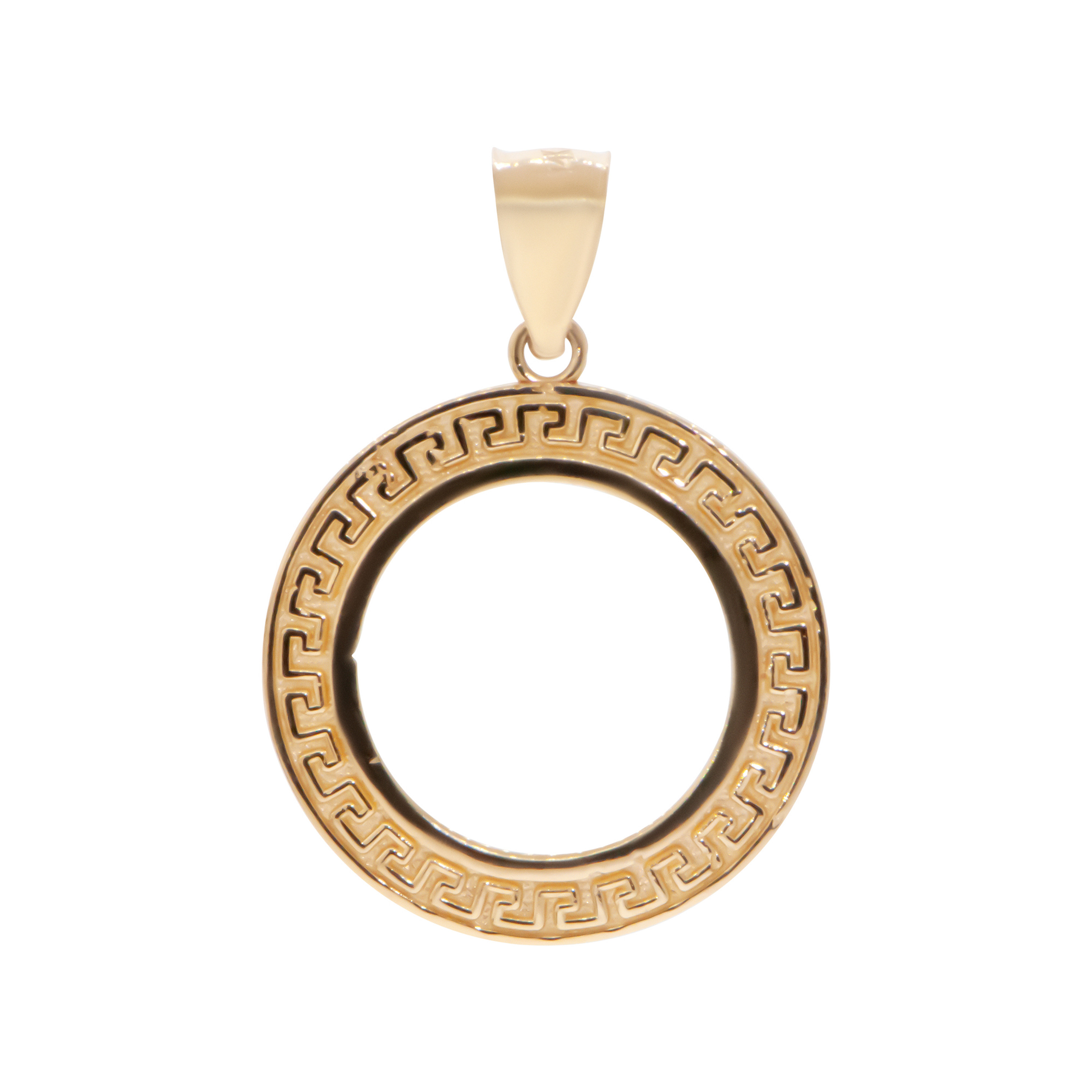 14k Gold Greek Key Design Coin Bezel Pendant For Two Peso Gold Coin 14k Gold Greek Key Design Coin Bezel Pendant For Two Peso Gold Coin