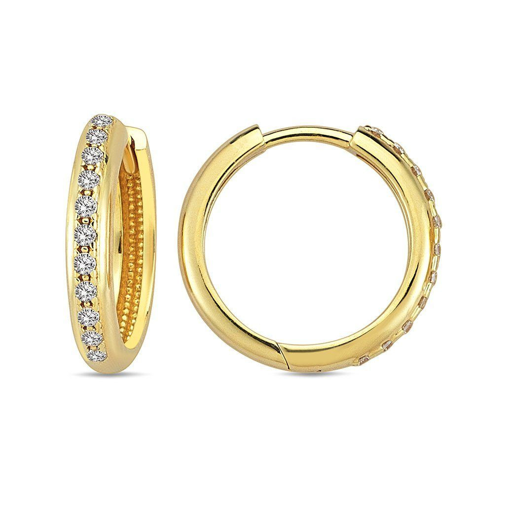14k Yellow Gold 2.5mm Cubic Zirconia Huggies Earring 15mm| Sarraf.com