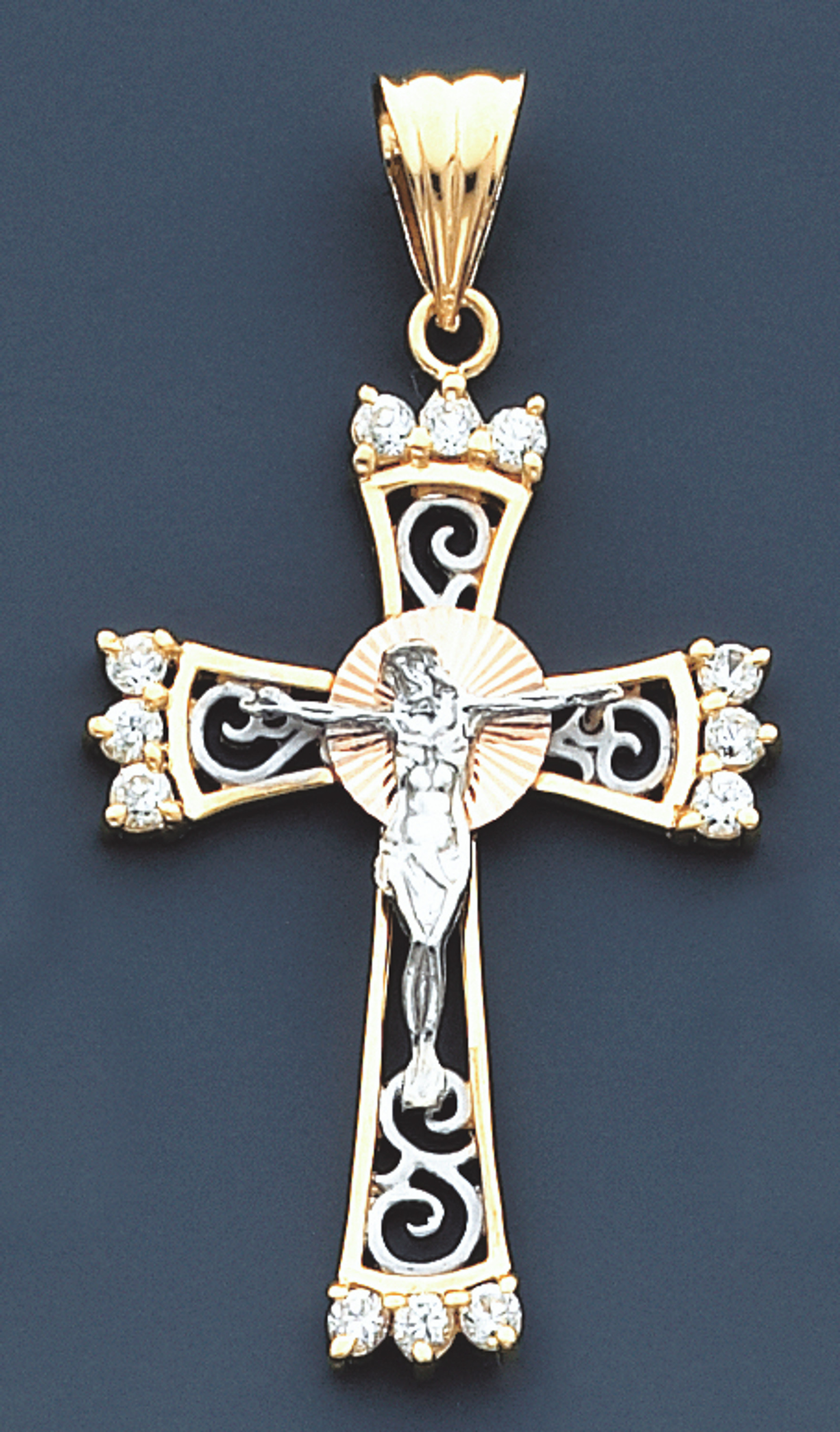14k Gold Tri-color Fancy Crucifix Pendant30mm W X 56mm 14k Gold Tri-color Fancy Crucifix Pendant30mm W X 56mm
