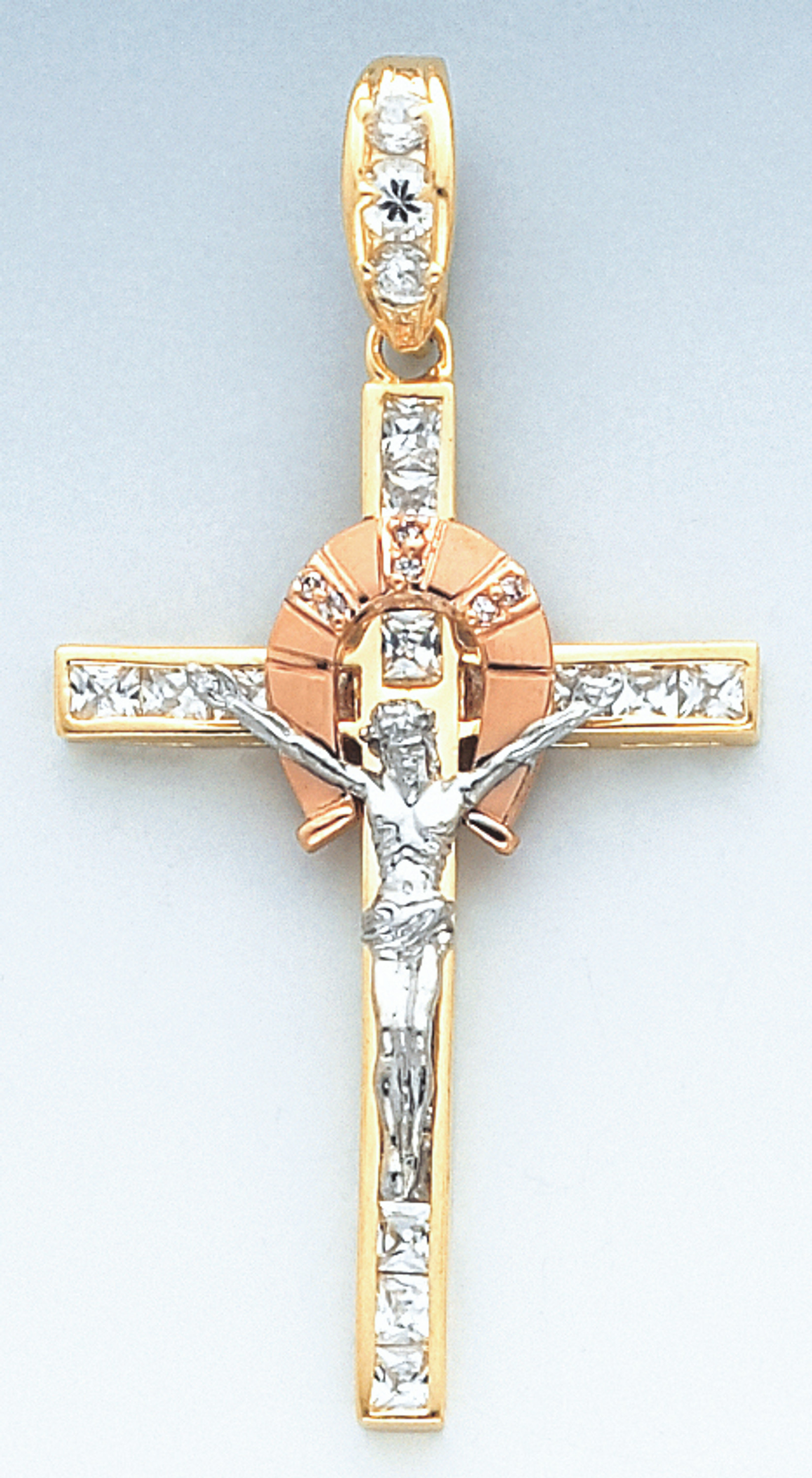 14k Gold Tri-color Cubic Zirconium Fancy Crucifix Pendant 32mm W X 63mm 14k Gold Tri-color Cubic Zirconium Fancy Crucifix Pendant 32mm W X 63mm