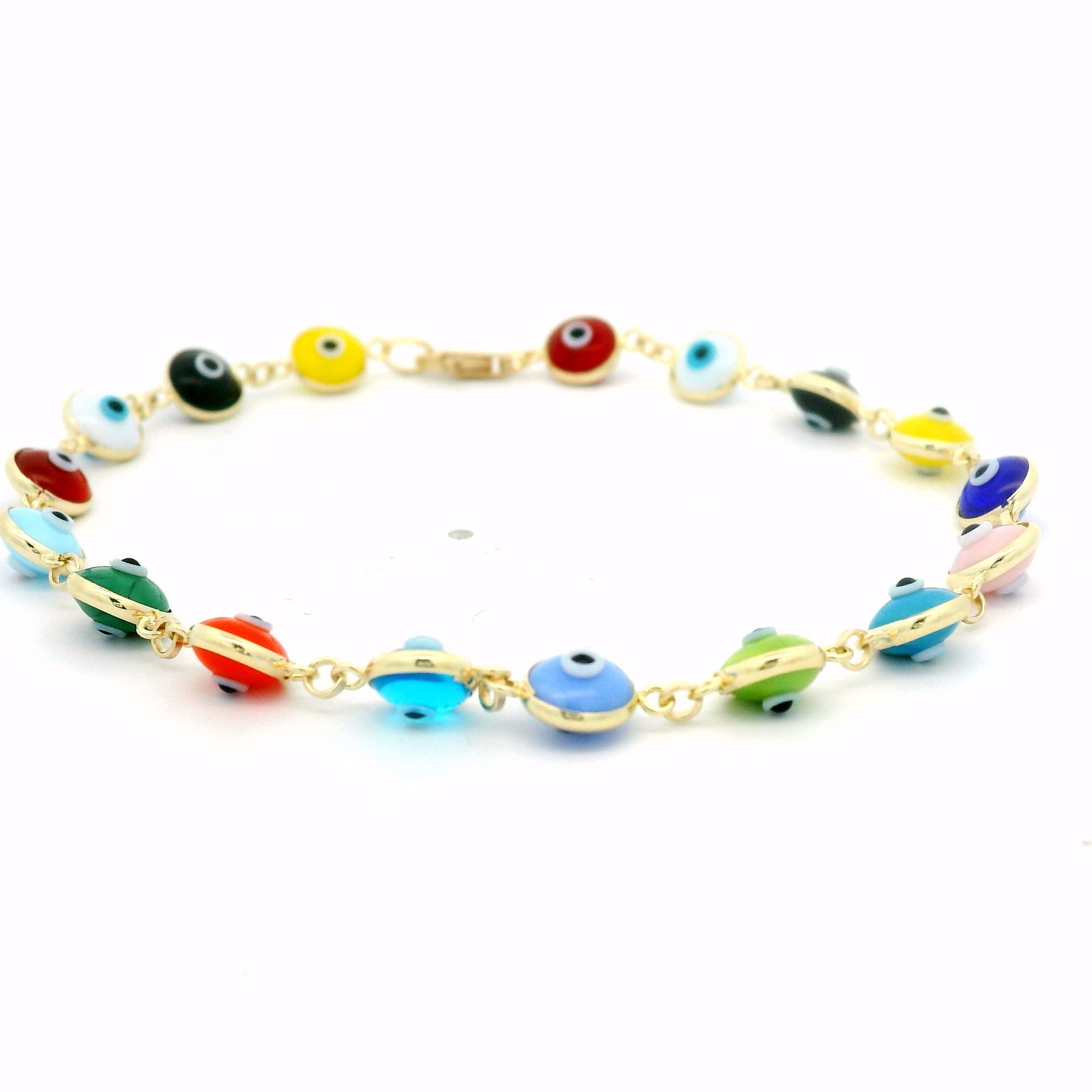 14k Yellow Gold 5.8mm wide Multi Color Evil Eye Bracelet 7 Inches 14k Yellow Gold 5.8mm wide Multi Color Evil Eye Bracelet 7 Inches