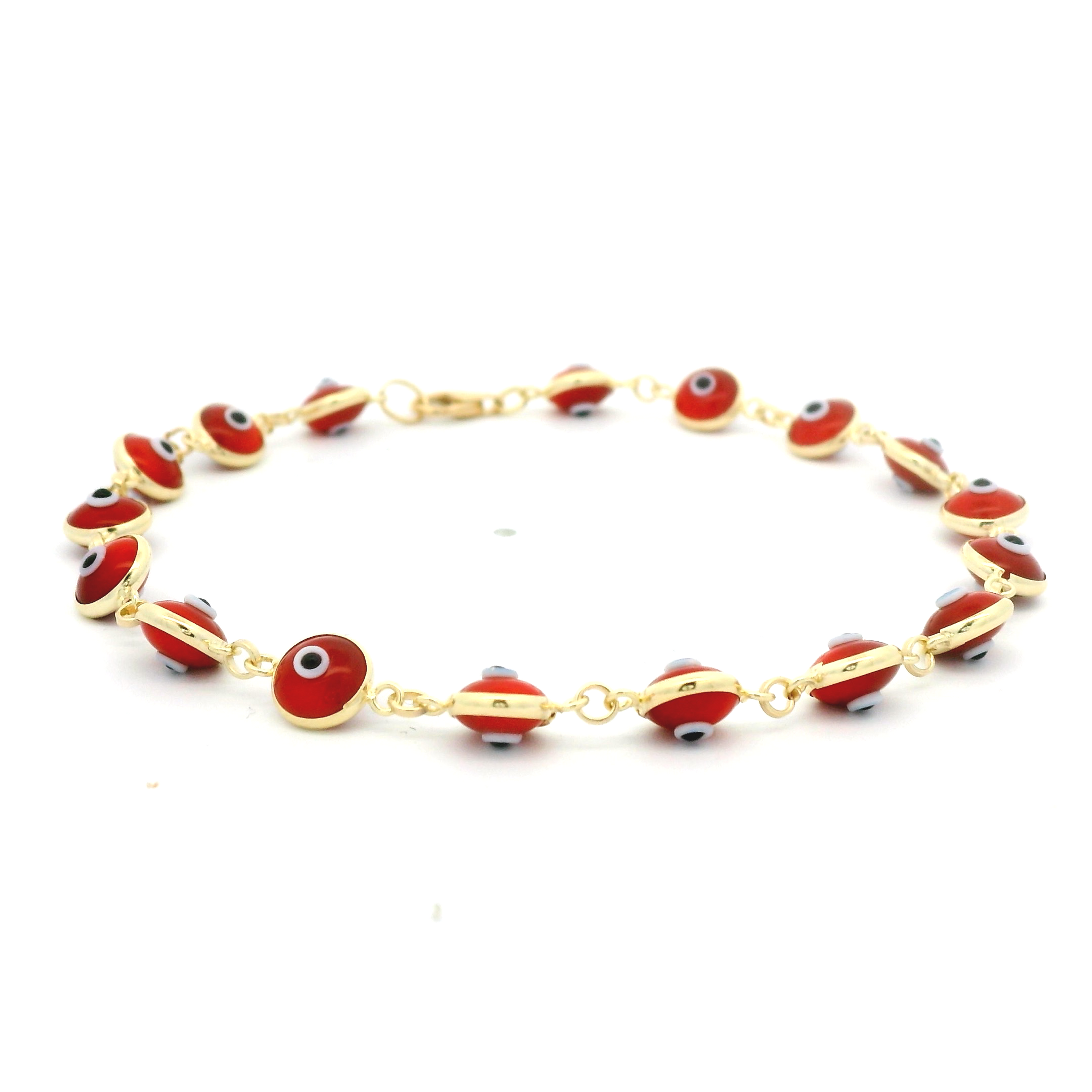 14k Yellow Gold 5.8mm wide Red Color Evil Eye Bracelet 7 Inches 14k Yellow Gold 5.8mm wide Red Color Evil Eye Bracelet 7 Inches