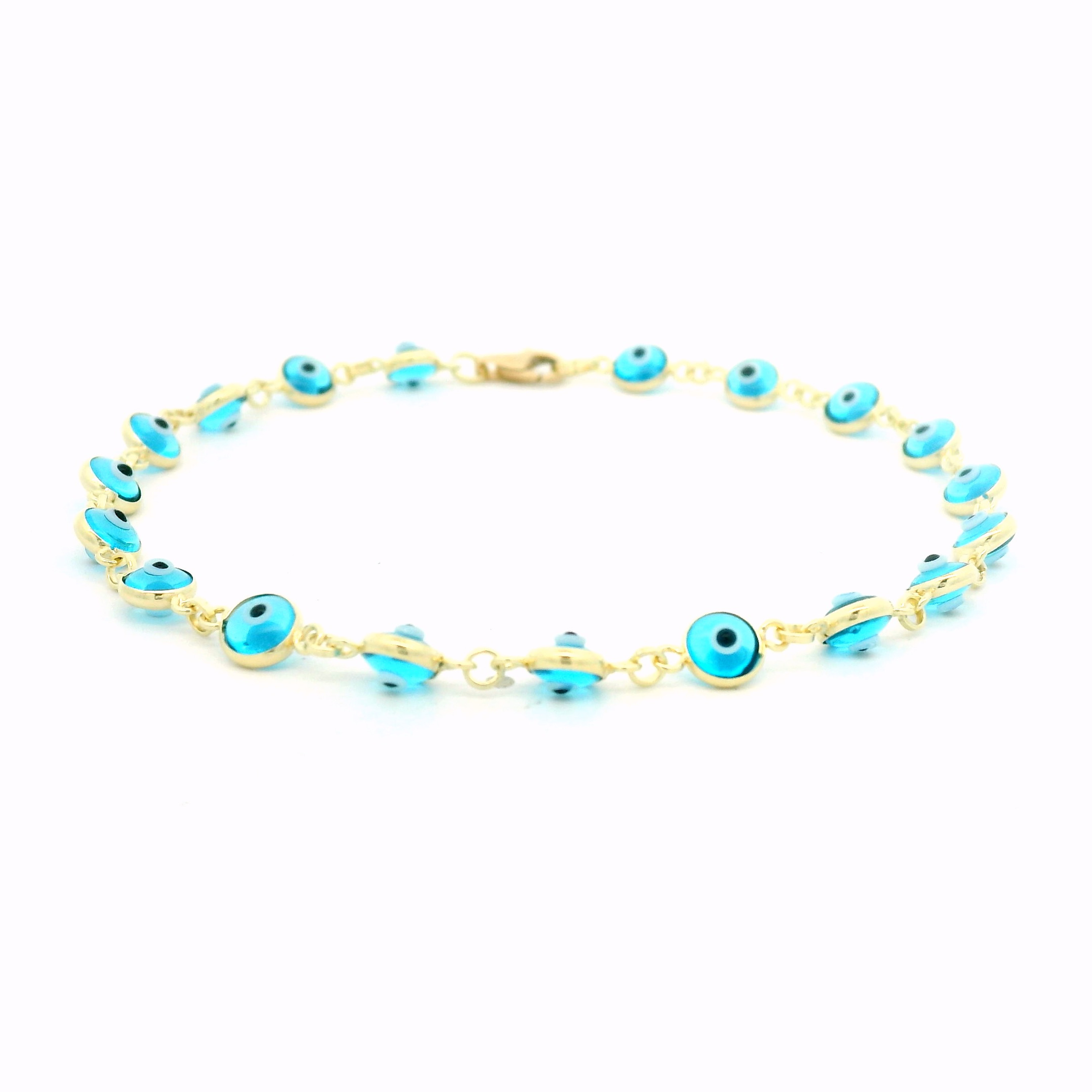 14k Yellow Gold 4.5mm wide light Blue Color Evil Eye Bracelet 7 Inches 14k Yellow Gold 4.5mm wide light Blue Color Evil Eye Bracelet 7 Inches