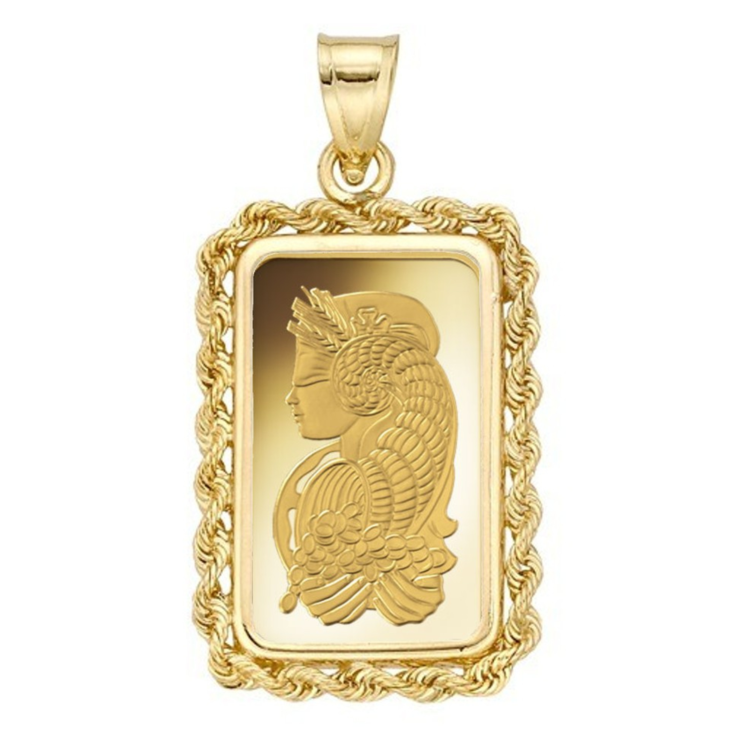 24k Gold 2.5 Gram Pamp Suisse .999 Lady Fortuna Bar Pendant Encased in 14k Gold Rope Bezel 24k Gold 2.5 Gram Pamp Suisse .999 Lady Fortuna Bar Pendant Encased in 14k Gold Rope Bezel