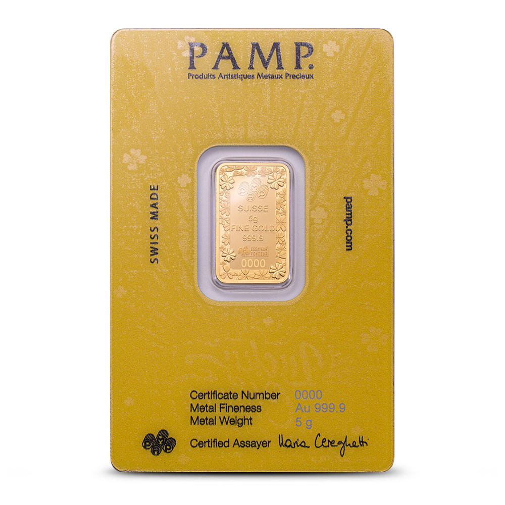 24k Gold PAMP 5 gram Lucky Charm Pig Bar Encased in 14K Gold