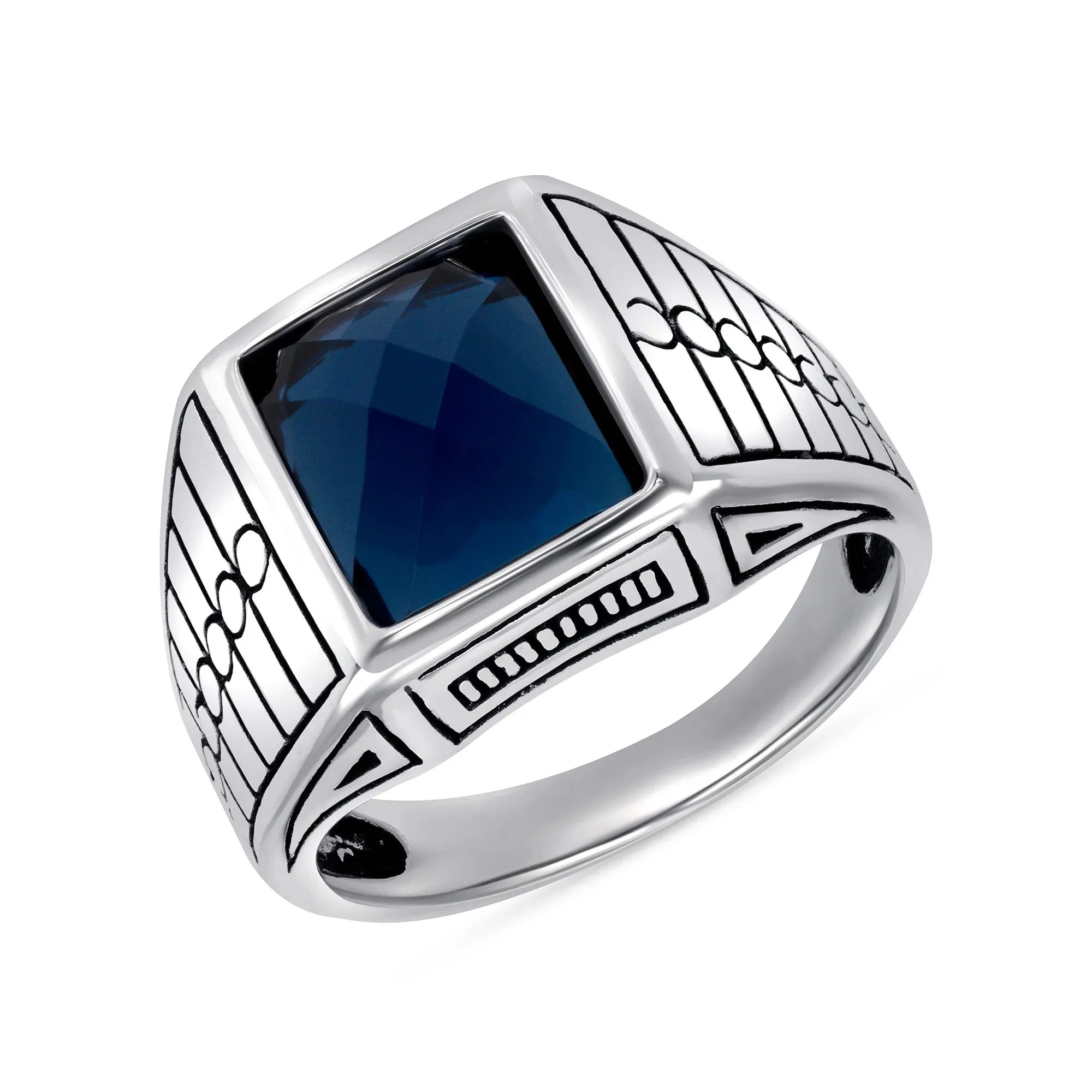 Men's  Sterling Silver Ring with Deep Blue Faceted Stone