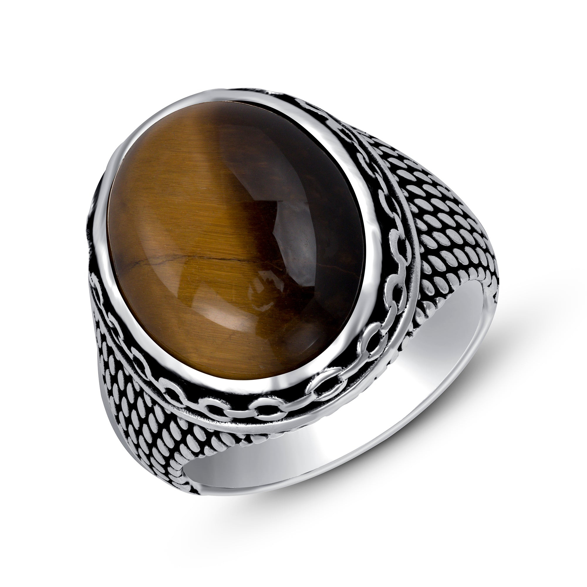 Men's  Sterling Silver Ring with Oval Tiger Eye Stone