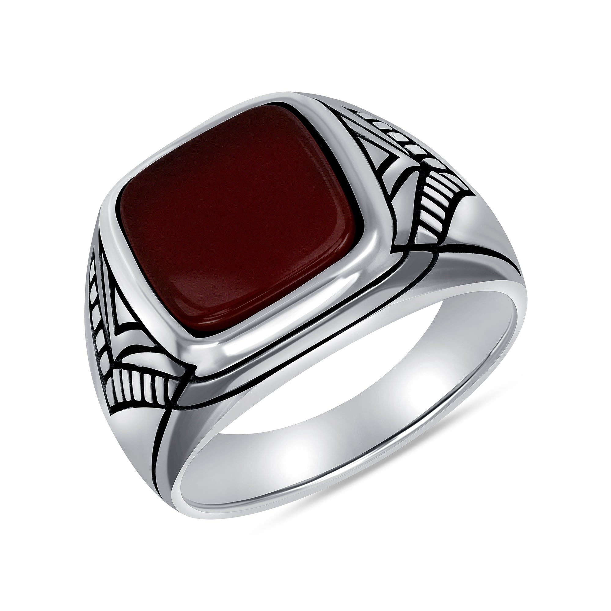 Men's  Sterling Silver Ring with Red Carnelian and Engraved Accents