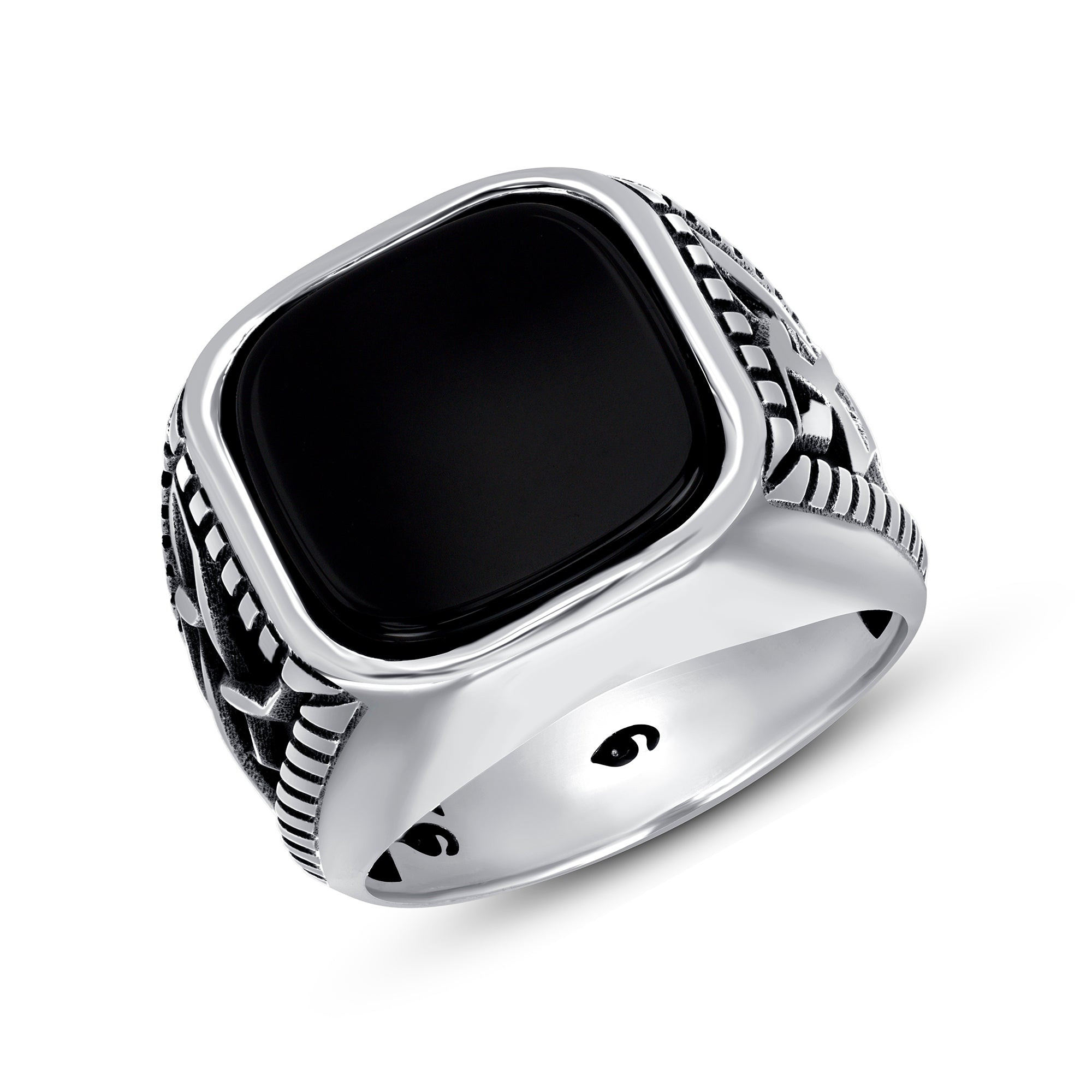 Men's  Sterling Silver Ring with Black Onyx and Textured Side Detail