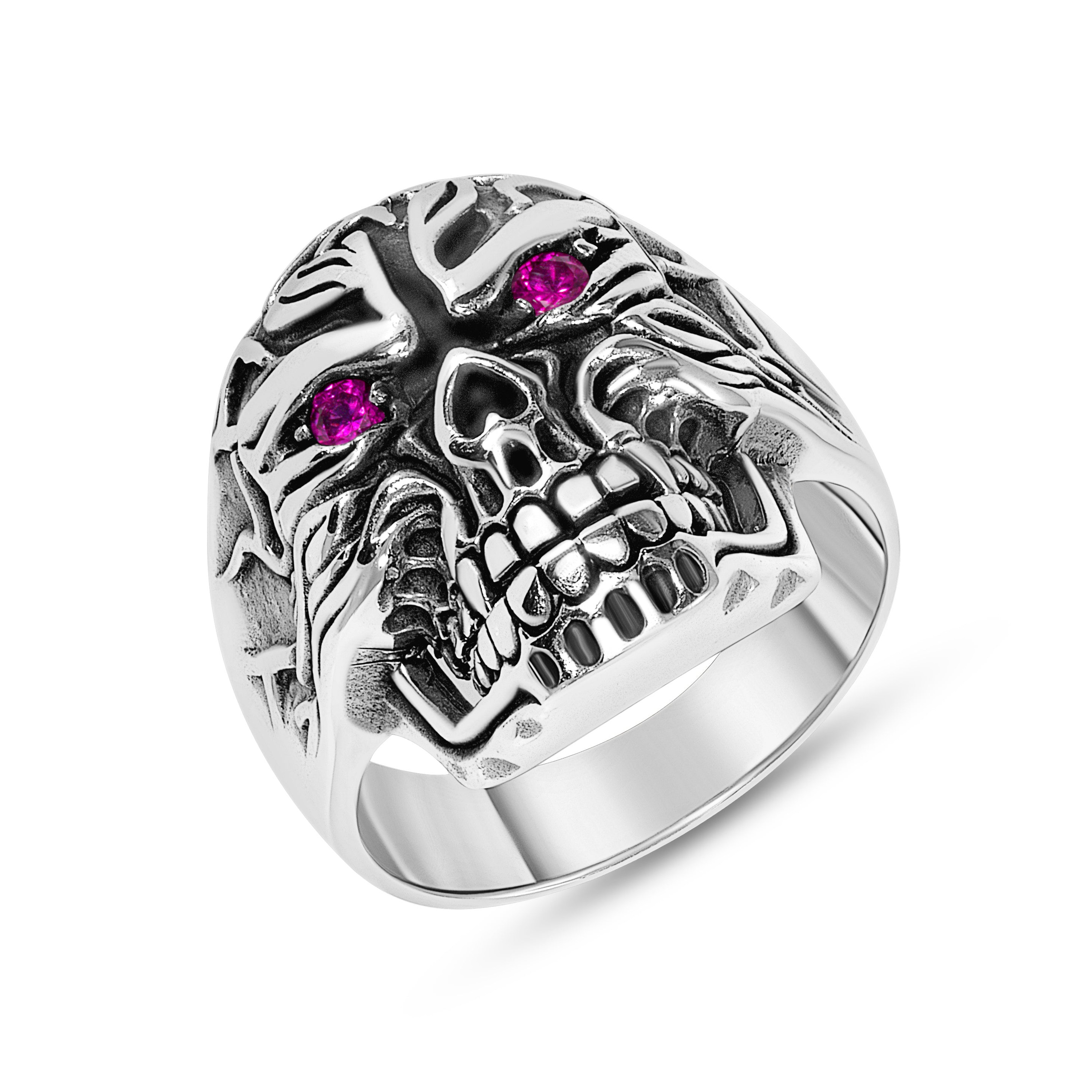 Men‚Äö√Ñ√∂‚àö√ë‚àö¬•s Sterling Silver Skull Ring with Pink Gemstone Eyes