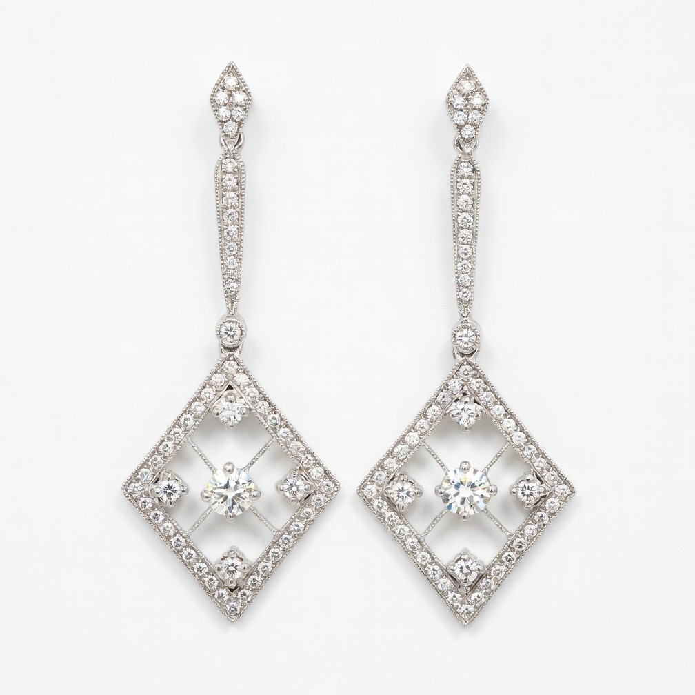 14K White Gold Elegant White Gold Dangle Earrings with Round Brilliant-Cut Natural Diamonds