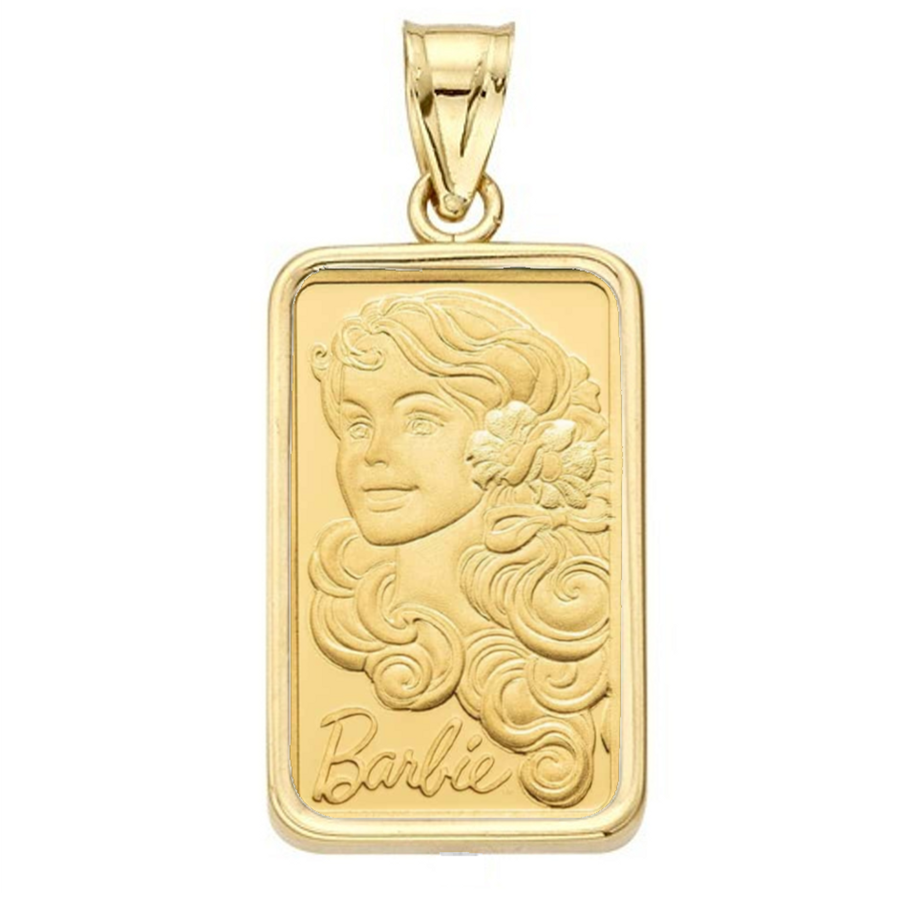 24K Gold 1 Gram Pamp Suisse .999 Barbie Pendant Encased in 14k Gold 24K Gold 1 Gram Pamp Suisse .999 Barbie Pendant Encased in 14k Gold
