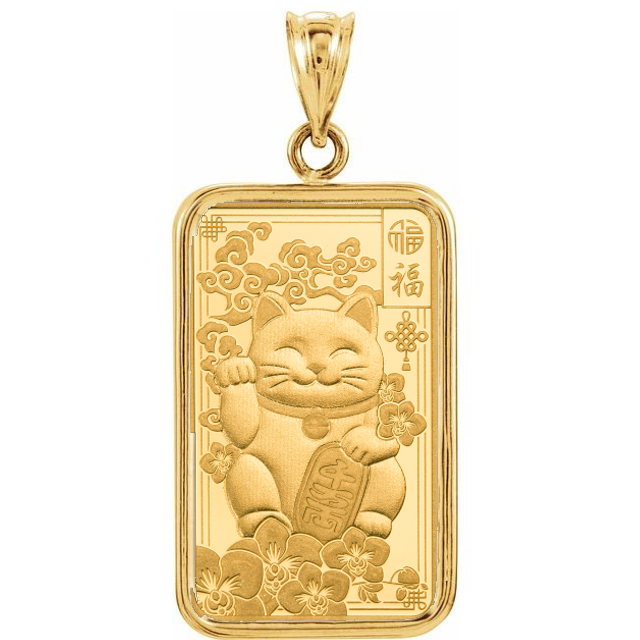 24k Gold 2.5 Gram Pamp Suisse Good Luck Cat Bar Encased in 14K Gold