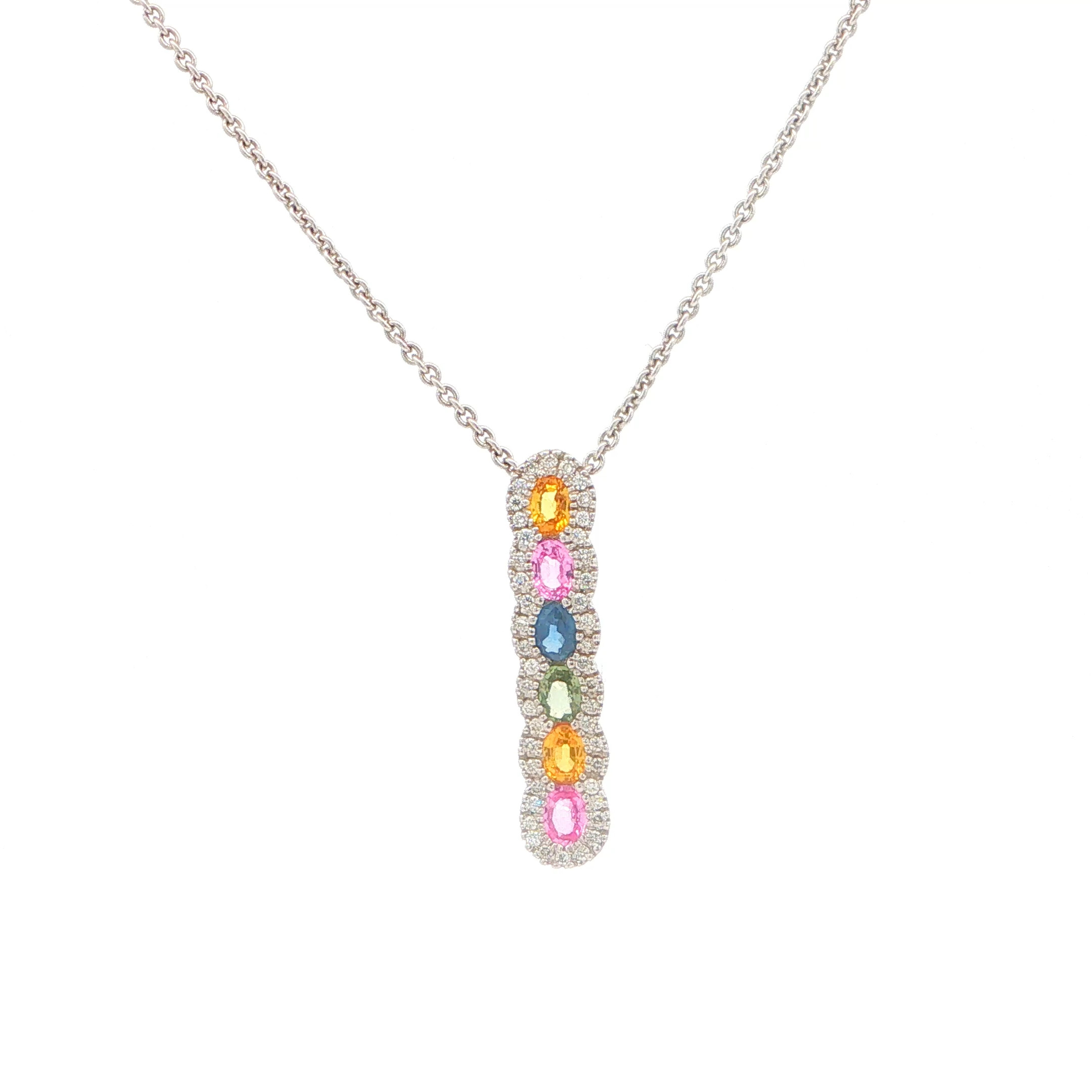 14k White Gold 1.6ct Diamond and Multi Color Sapphire Necklace 30mm x 7mm
