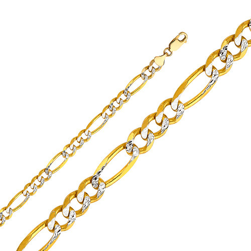 14k Gold 6.5mm White Pave Figaro Chain 24 Inches