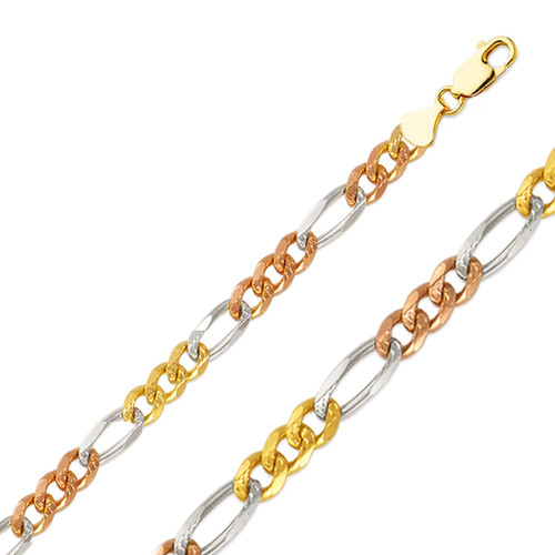 14k Gold 7.3mm Tri-color Figaro Chain 24 Inches