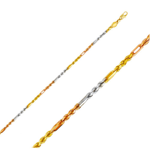 14k Gold 3mm Tri-color Milano Rope Bracelet 8 Inches