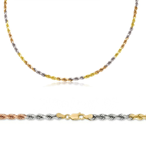 14k Gold 3mm Tri-color Rope Chain 16 Inches