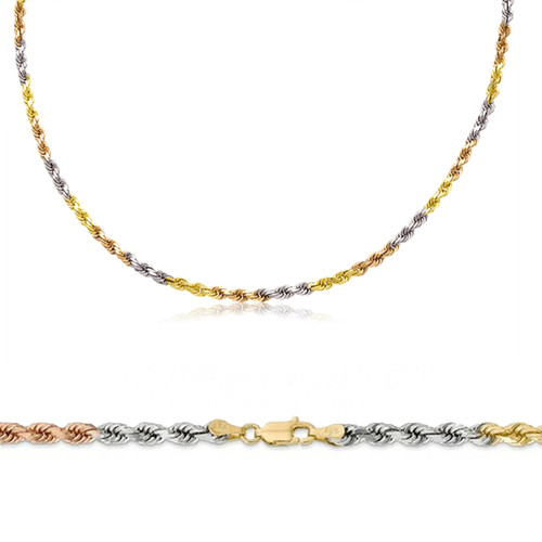 14k Gold 3mm Tri-color Rope Chain 22 Inches