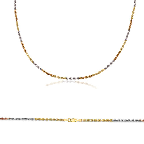 14k Gold 2mm Tri-color Rope Chain 22 Inches