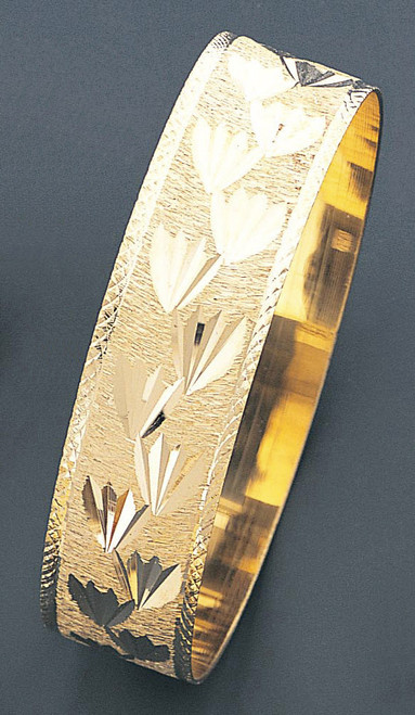 14k Gold 18mm Wide Leaf Pattern Slip-on Solid Bangle 7.5 Inches