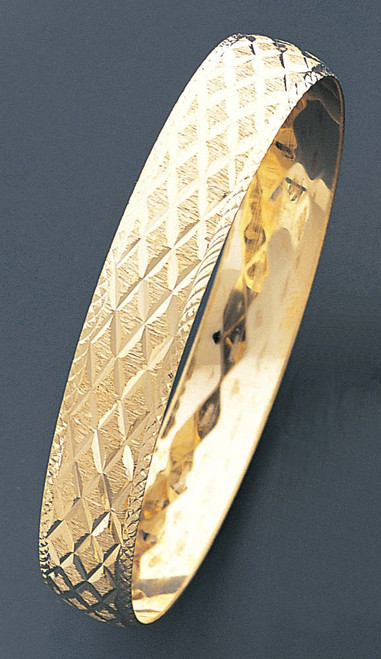 14k Gold 12mm Wide Criss Cross Pattern Slip-on Solid Bangle 7.5 Inches