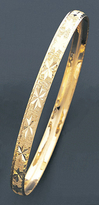 14k Gold 6mm Wide Engraved Star Pattern Slip-on Solid Bangle 7.5 Inches