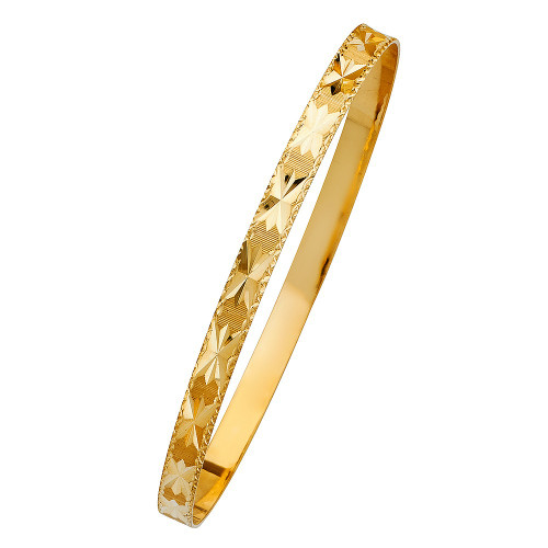 14k Gold 5mm Wide Engraved Star Pattern Slip-on Solid Bangle 7 Inches