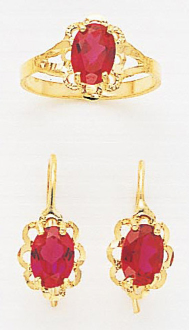 14k Gold  8mm W by 18mm  Synthetic Ruby Ring And Earring Set