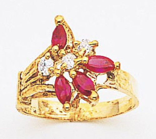 14k Gold Ladies synthetic Ruby and Synthetic Diamond Flower Cocktail Ring 15mm Wide