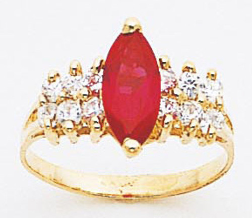14k Gold Ladies 12mm Synthetic Ruby Marquise Cz Stone Cocktail Ring