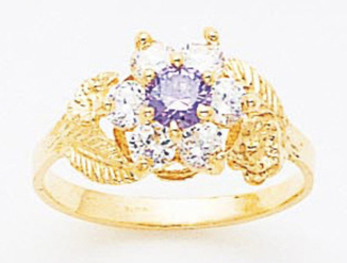 14k Gold Ladies Synthetic Amethyst and Synthetic Diamond Flower Cocktail Ring 11mm Wide