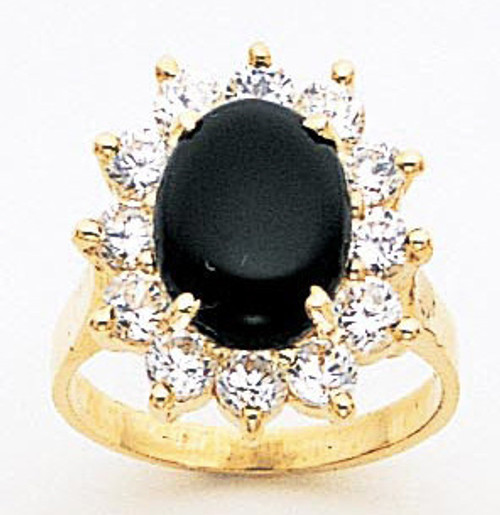 14k Gold Ladies 18mm Prong-set Oval Onyx Ring With Cubic Zirconia