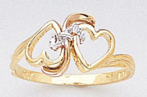 14k Gold Ladies 10mm Tri-color Double Heart Ring