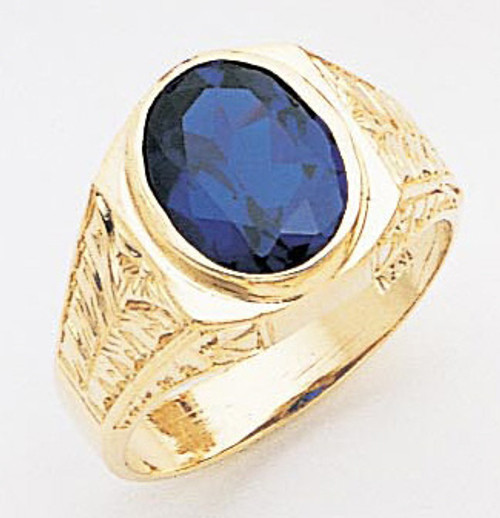 14k Yellow Gold 15mm Wide Men's Oval Synthetic Sapphire Center Stone