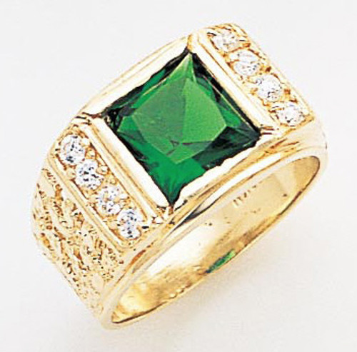 14k Yellow Gold  13mm Wide Men's Square Synthetic Emerald Center Stone Ring