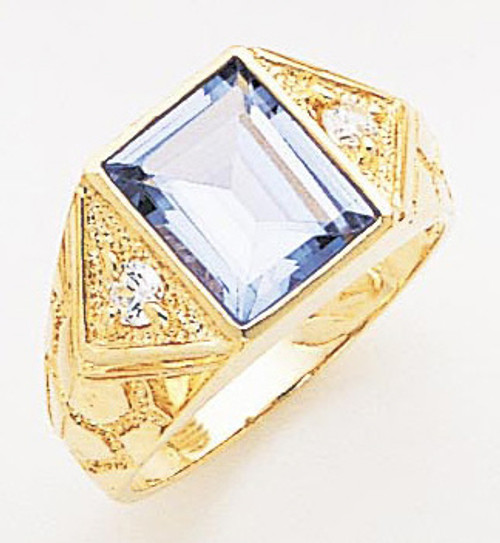 14k Yellow Gold  13mm Wide Men's Square Synthetic Aquamarine Center Stone Ring