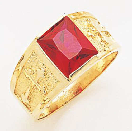 14k Yellow Gold  12mm Wide Men's Square Synthetic Ruby Center Stone Ring