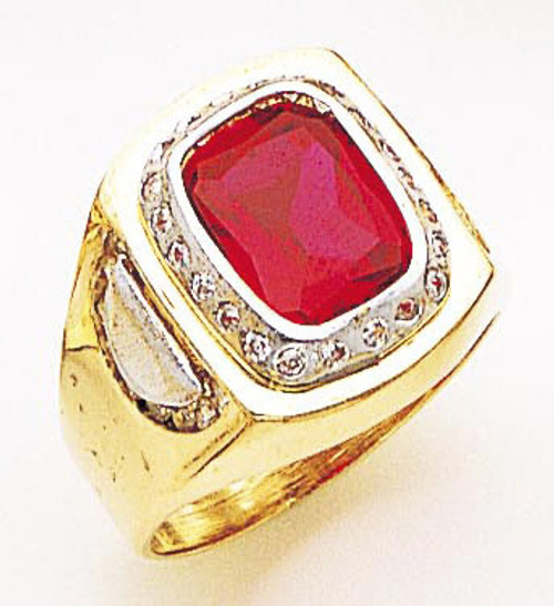 14k Gold Two-tone Men's 18mm Cushion Cut Synthetic Ruby Center Ring