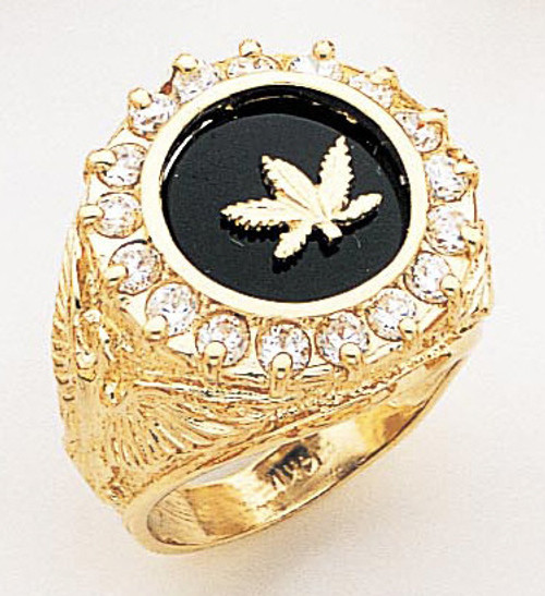 14k Gold Men's Marijuana Leaf Onyx Ring With Cubic Zir