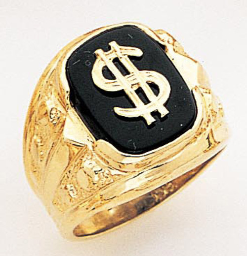 14k Gold Men's 17mm Dollar Sign Onyx Ring