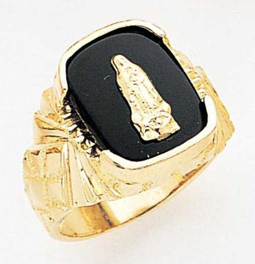 14k Gold 17mm Rectangle Men's Virgin Mary Onyx Ring