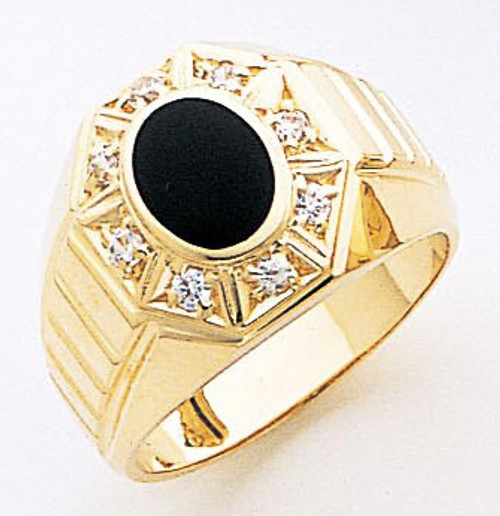 14k Yellow Gold  14mm by 14mm Men's Onyx Ring With Cubic Zirconia Accents