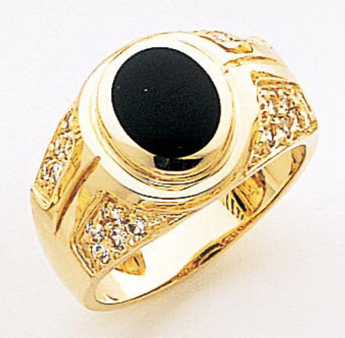 14k Yellow Gold  13mm by 12mm  Men's Onyx Ring With Cubic Zirconia Accents